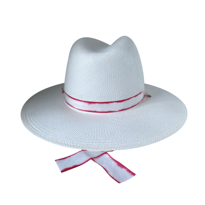 Khia Tullae The Morgan white toquilla straw wide-brim hat with red-white silk drop-down ribbon, back product cutout