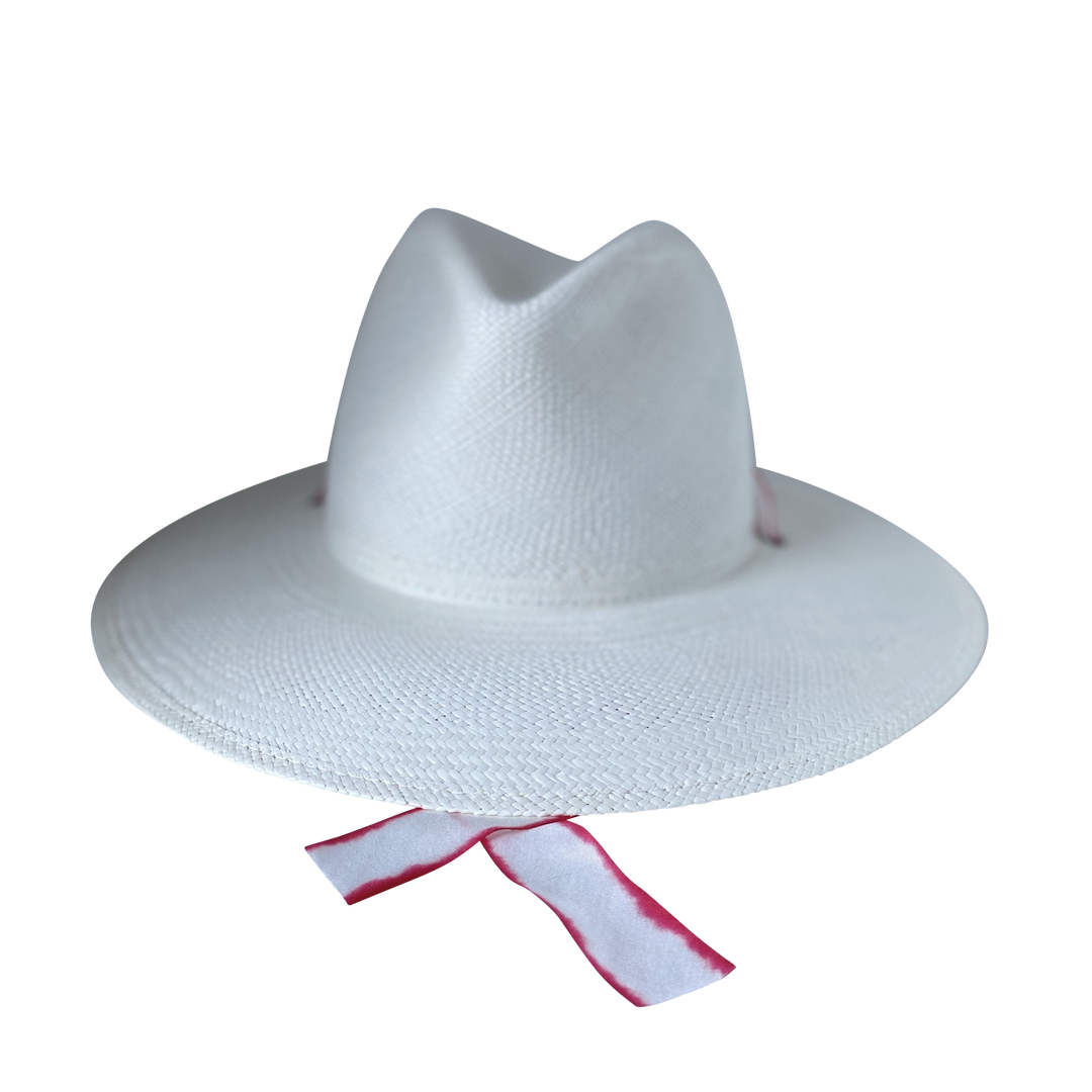 Khia Tullae The Morgan white toquilla straw wide-brim hat with red-white silk drop-down ribbon, front product cutout