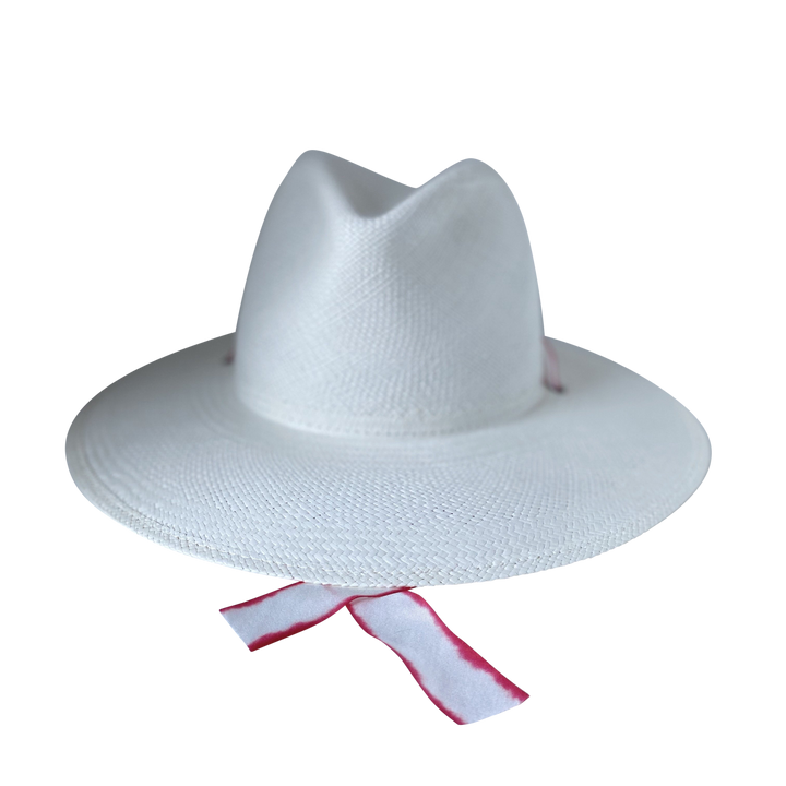 Khia Tullae The Morgan white toquilla straw wide-brim hat with red-white silk drop-down ribbon, front product cutout