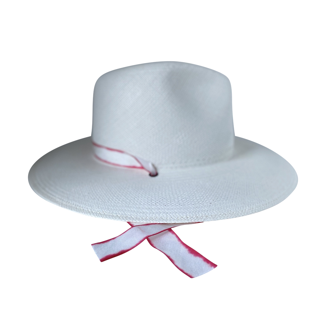 Khia Tullae The Morgan white toquilla straw wide-brim hat with red-white silk drop-down ribbon, left-side product cutout
