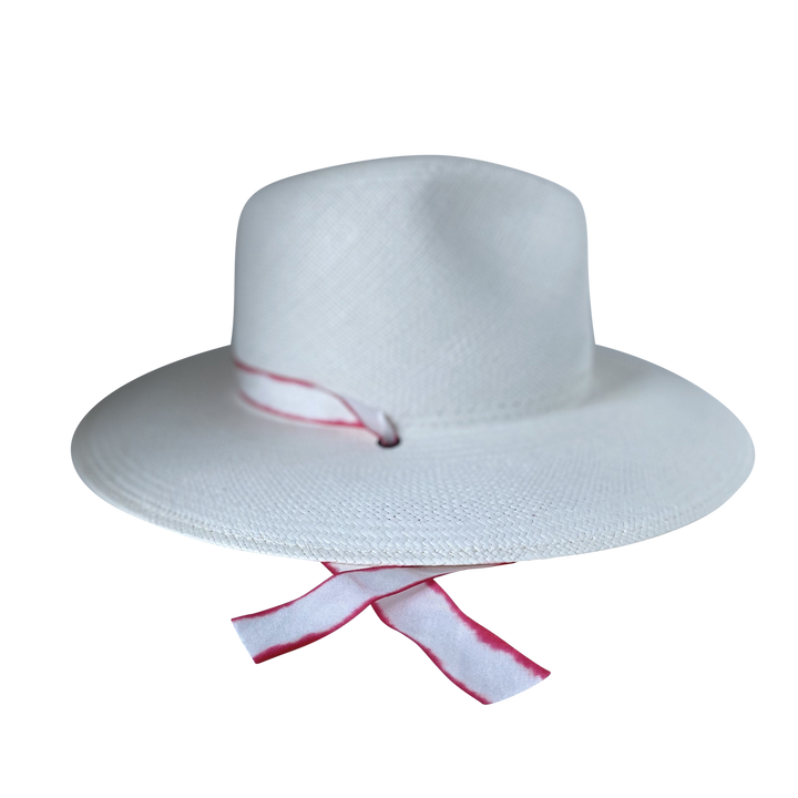 Khia Tullae The Morgan white toquilla straw wide-brim hat with red-white silk drop-down ribbon, left-side product cutout