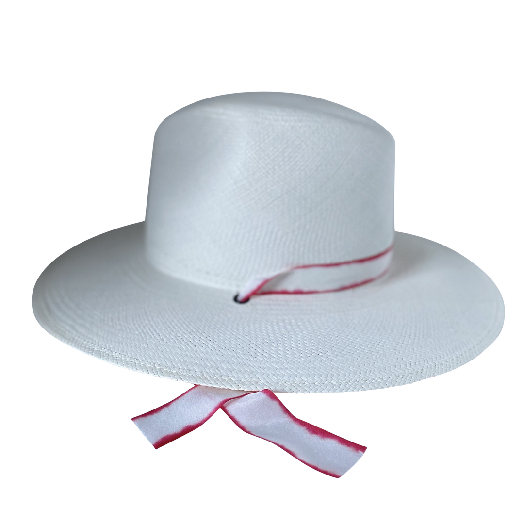 The Morgan white toquilla straw wide-brim hat with red-white silk drop-down ribbon, right-side product cutout