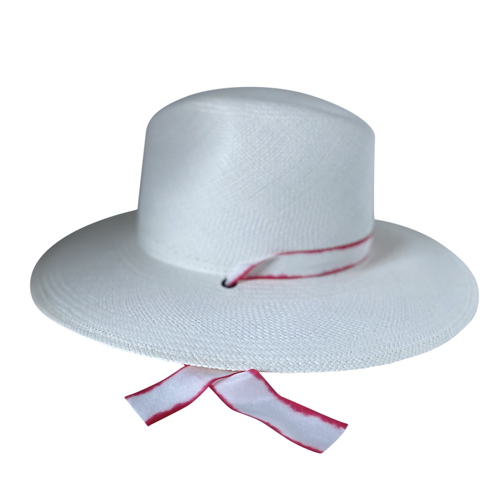 The Morgan white toquilla straw wide-brim hat with red-white silk drop-down ribbon, right-side product cutout