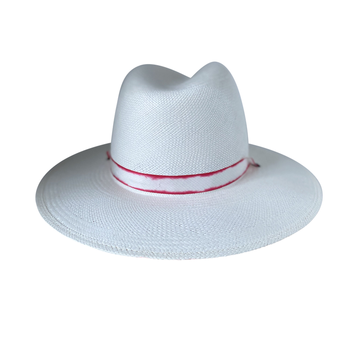 Khia Tullae The Morgan white toquilla straw wide-brim hat with a red tie-dye silk ribbon half band, back product cutout