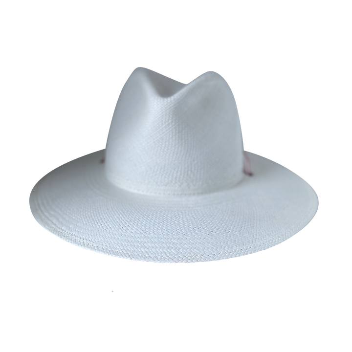 Khia Tullae The Morgan white toquilla straw wide-brim hat with a red tie-dye silk ribbon half band, front product cutout