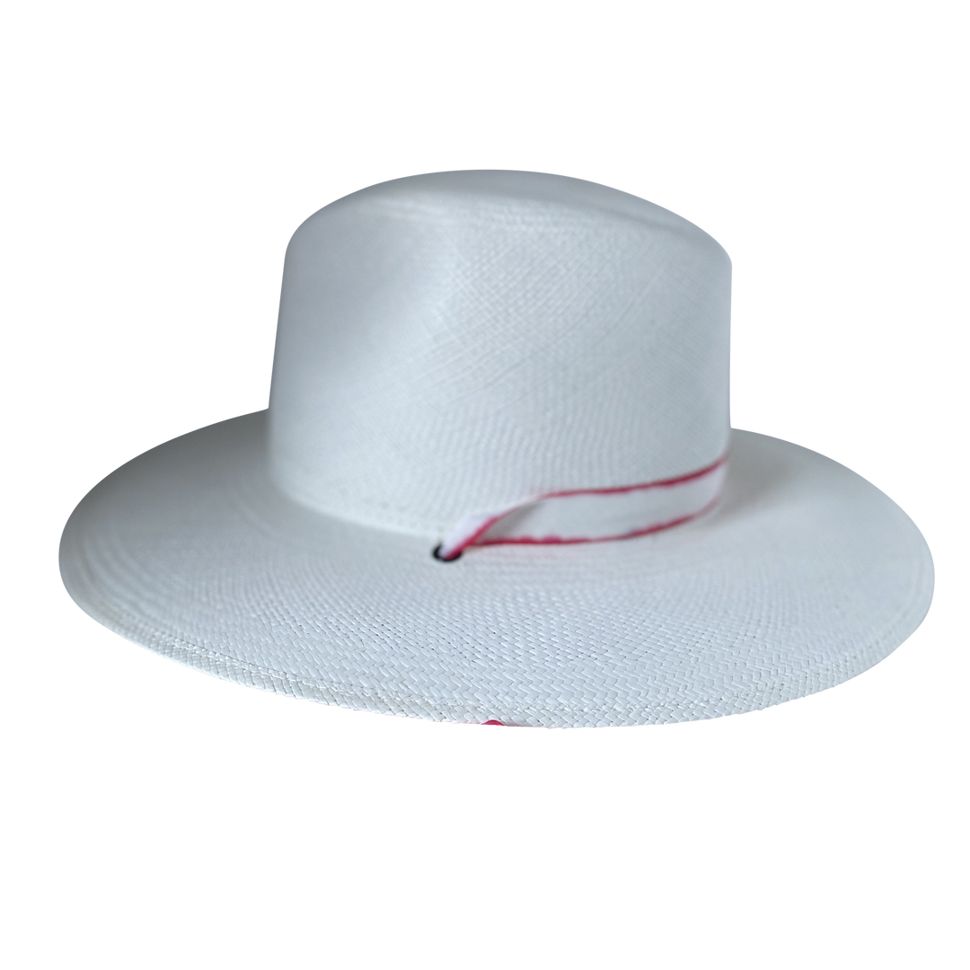 Khia Tullae The Morgan white toquilla straw wide-brim hat with a red tie-dye silk ribbon half band, right-side product cutout