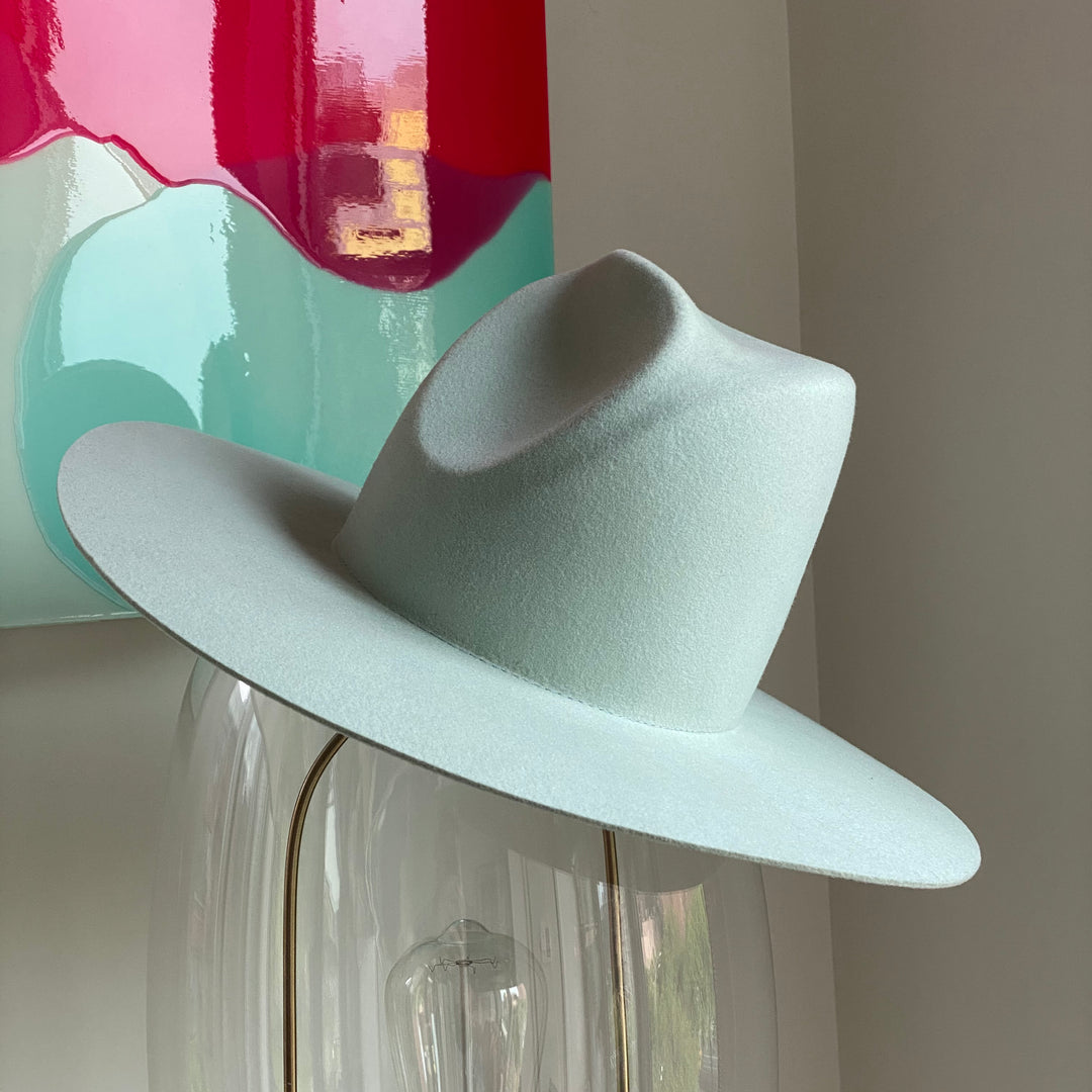 Khia Tullae The Nikki fedora in seafoam, 100% wool, front angled elevated view