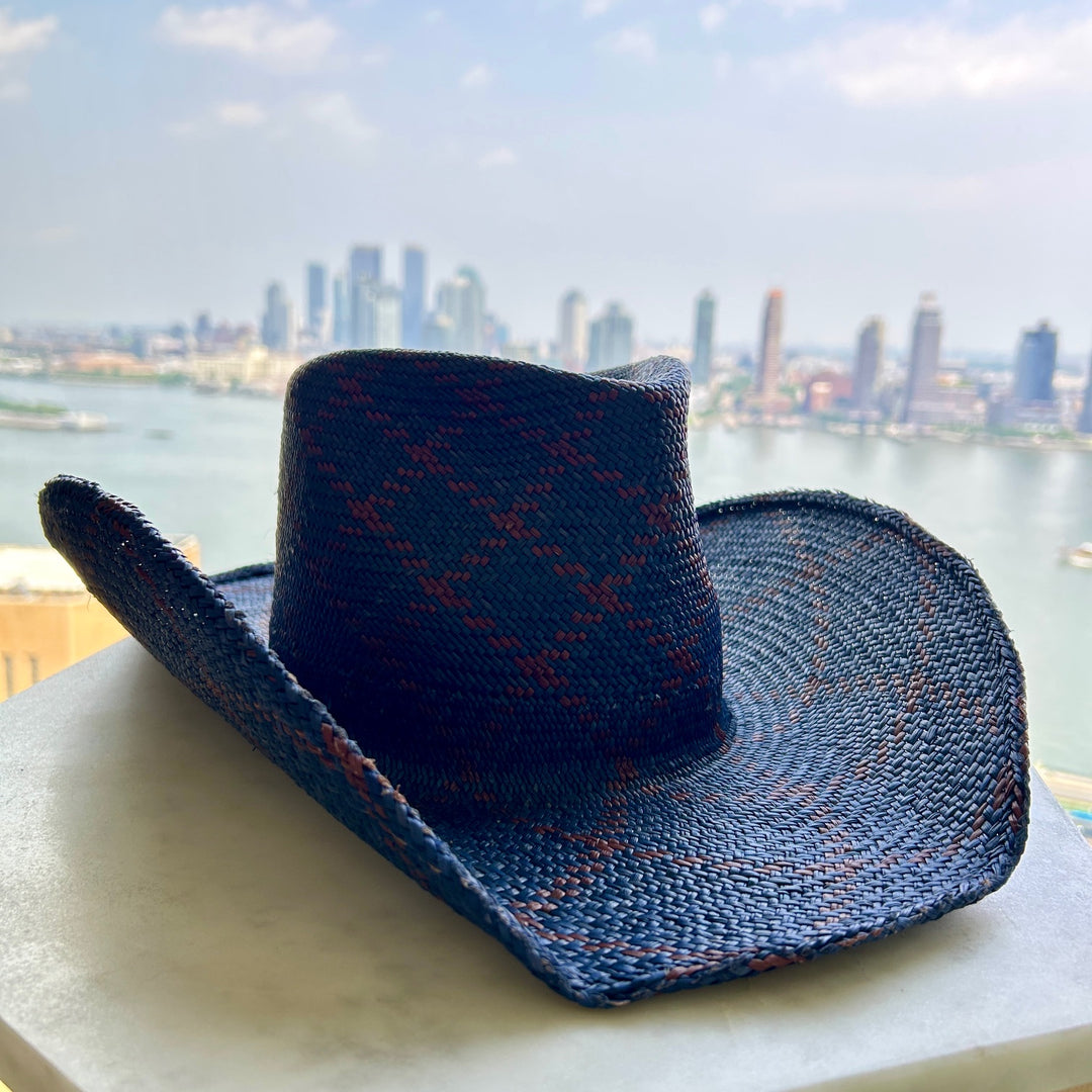 Khia Tullae The Sadie toquilla straw cowboy hat side - navy and maroon geometric print
