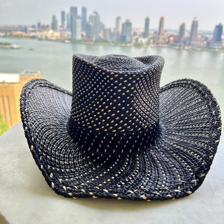 Khia Tullae The Savannah toquilla straw cowboy hat front - geometric black and natural print
