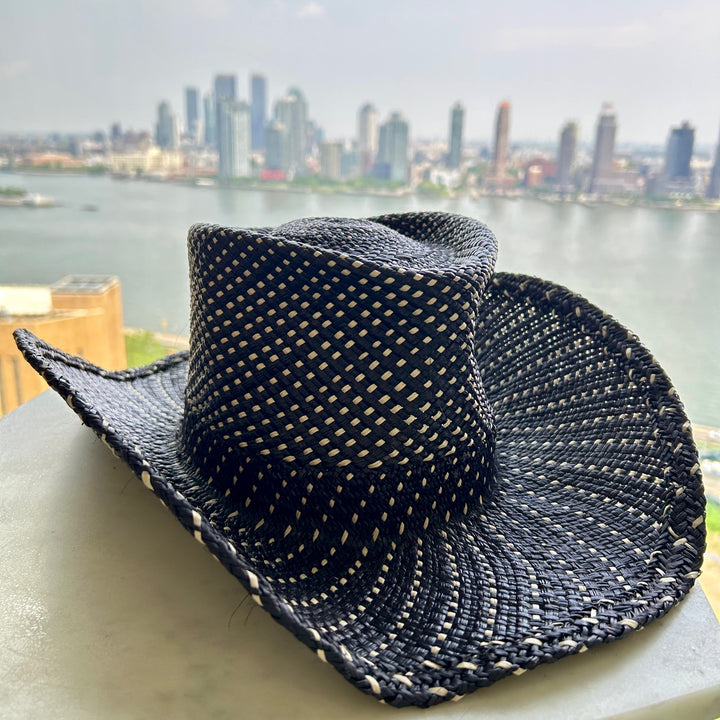 Khia Tullae The Savannah toquilla straw cowboy hat side - geometric black and natural print
