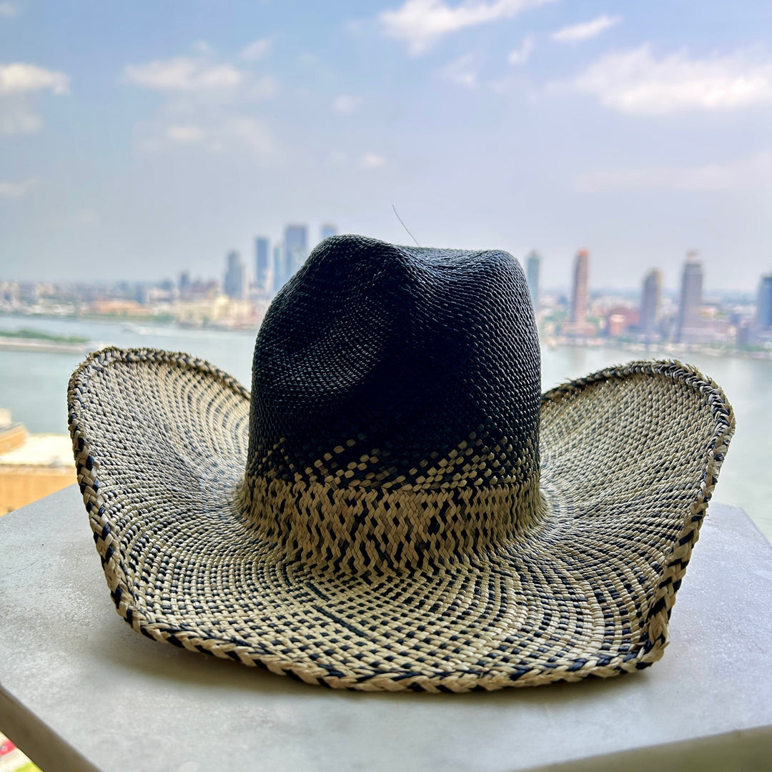 Khia Tullae The Selah toquilla straw cowboy hat front - black and natural print
