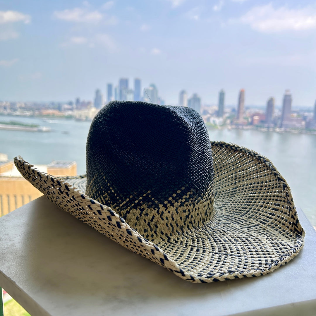 Khia Tullae The Selah toquilla straw cowboy hat side - black and natural print
