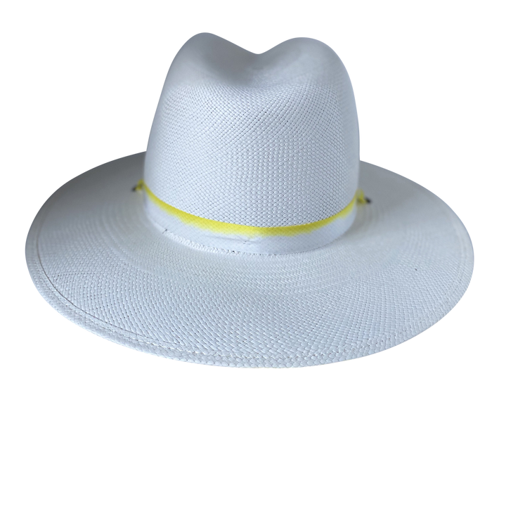 Khia Tullae The Siena white toquilla straw wide-brim hat with a pastel yellow tie-dye silk ribbon half band, back product cutout