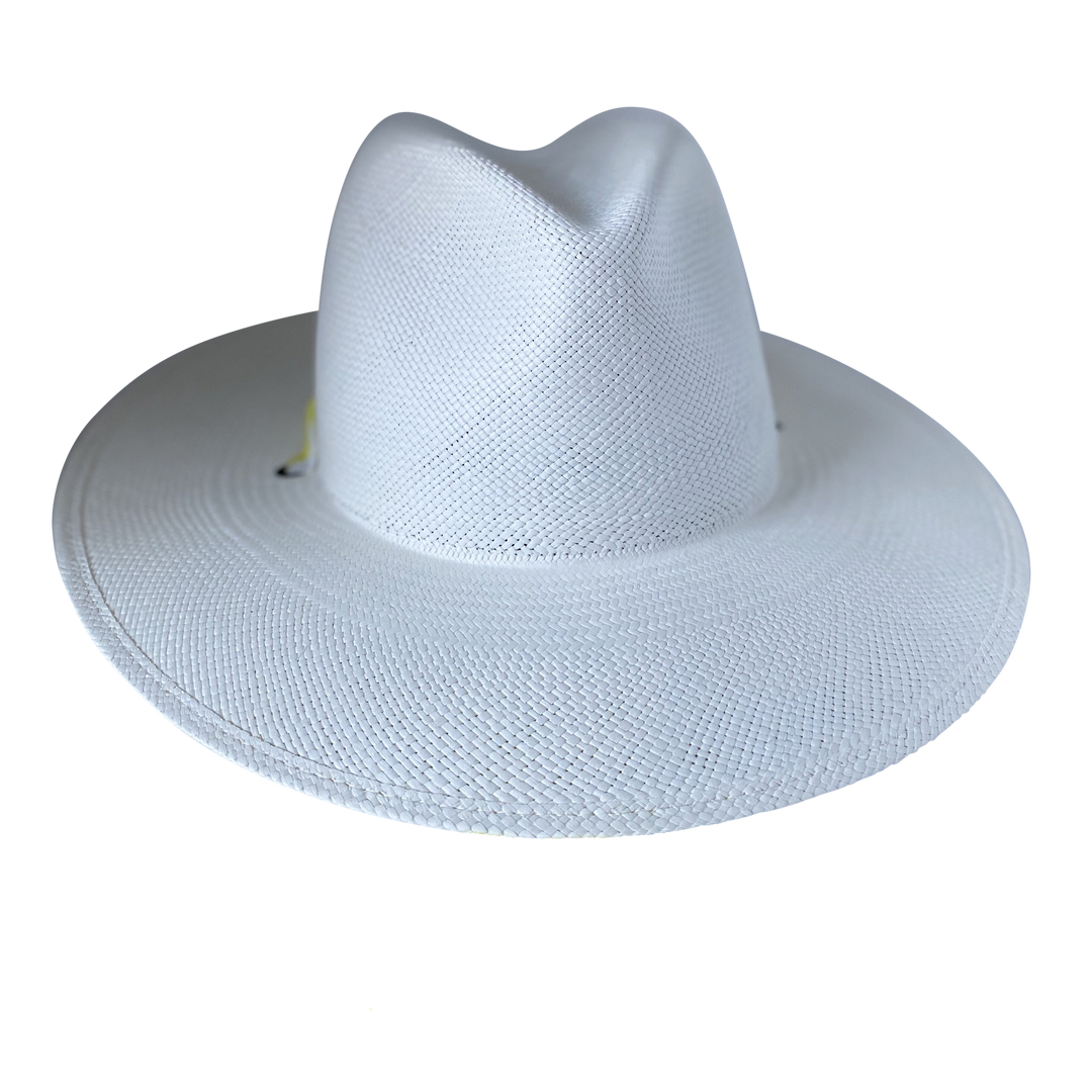 Khia Tullae The Siena white toquilla straw wide-brim hat with a pastel yellow tie-dye silk ribbon half band, front product cutout