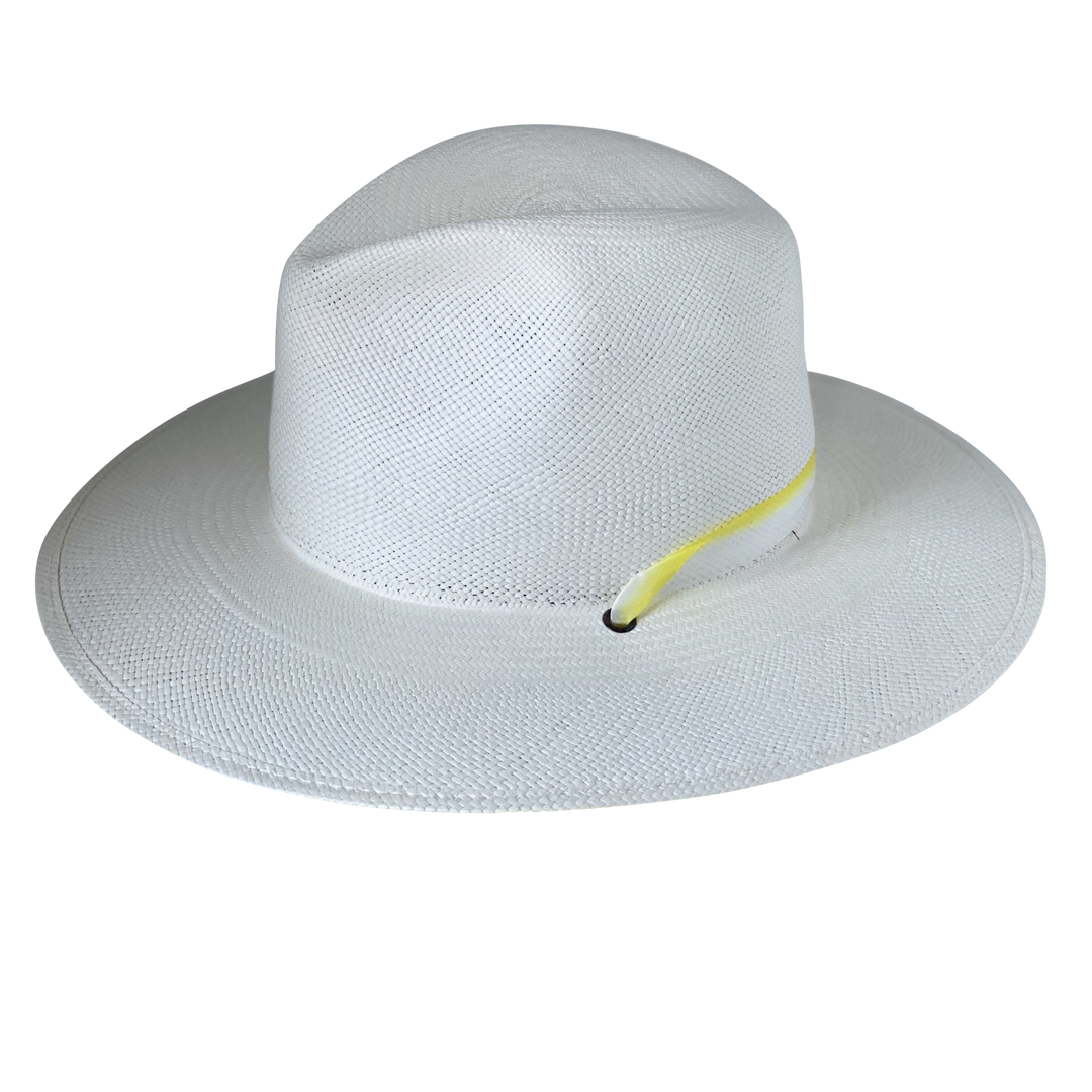 Khia Tullae The Siena white toquilla straw wide-brim hat with a pastel yellow tie-dye silk ribbon half band, right-side product cutout