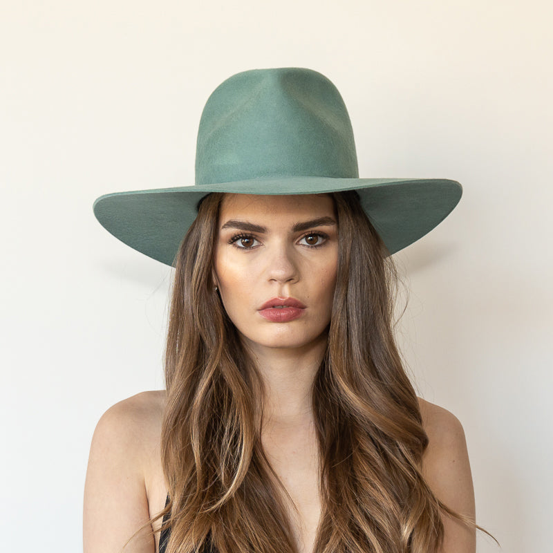 Khia Tullae The Waverly thyme wool wide-brim fedora, front view on model