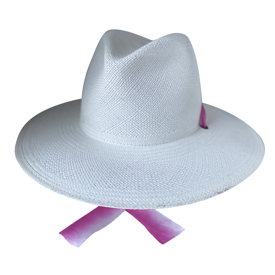 Khia Tullae The Brynn white toquilla straw wide-brim hat with pink and white silk drop-down ribbon, front product cutout