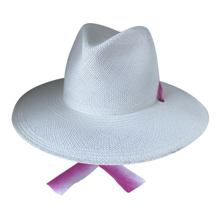 Khia Tullae The Brynn white toquilla straw wide-brim hat with pink and white silk drop-down ribbon, front product cutout