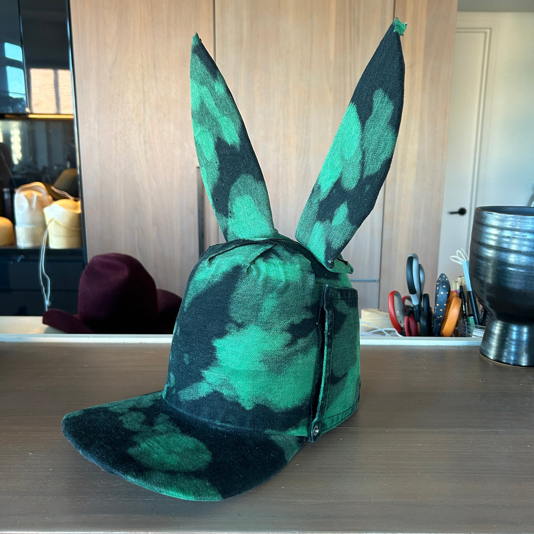 Khia Tullae Tie-Dye Denim Bunny hat, Denim Creations Collection, lifestyle front angled view