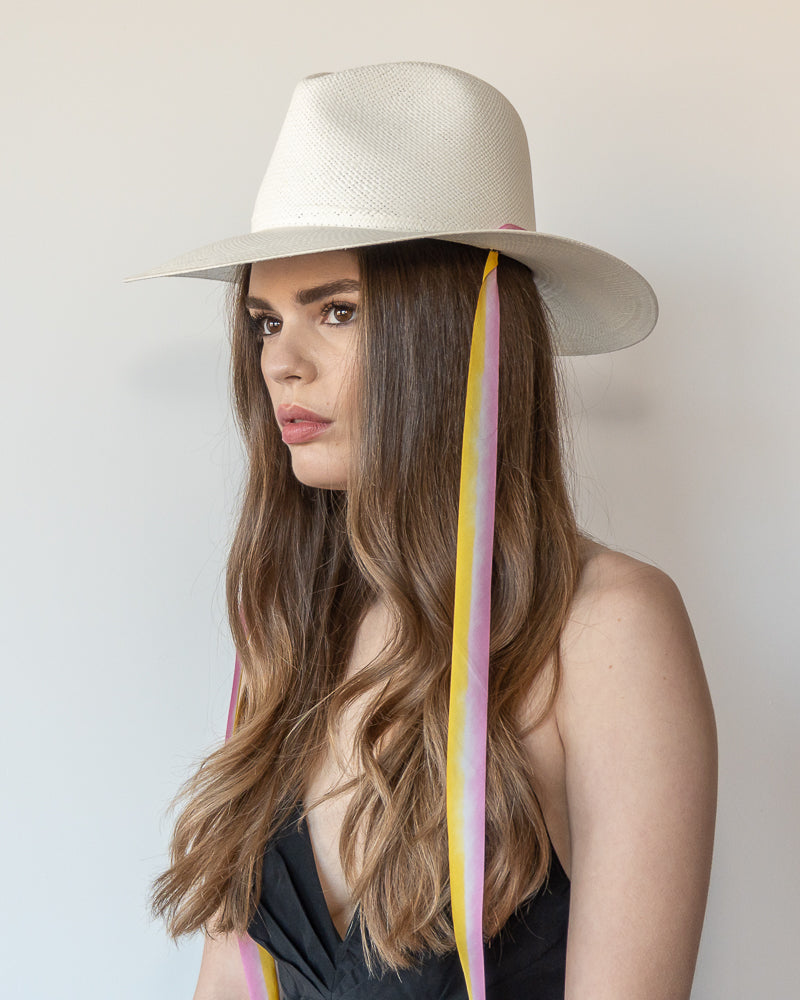 The Bailey - Khia Tullae Toquilla Straw Panama with Silk Ribbon Ties - Pastel Pink and Yellow