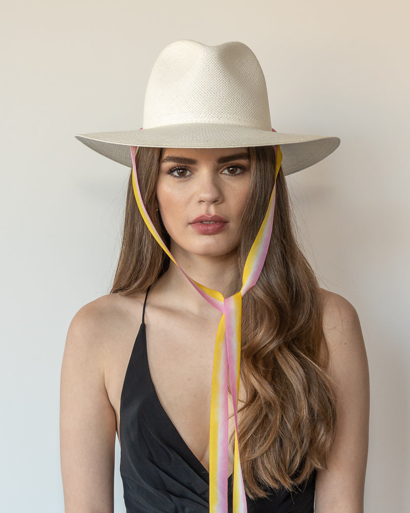 The Bailey - Khia Tullae Toquilla Straw Panama with Silk Ribbon Ties - Pastel Pink and Yellow