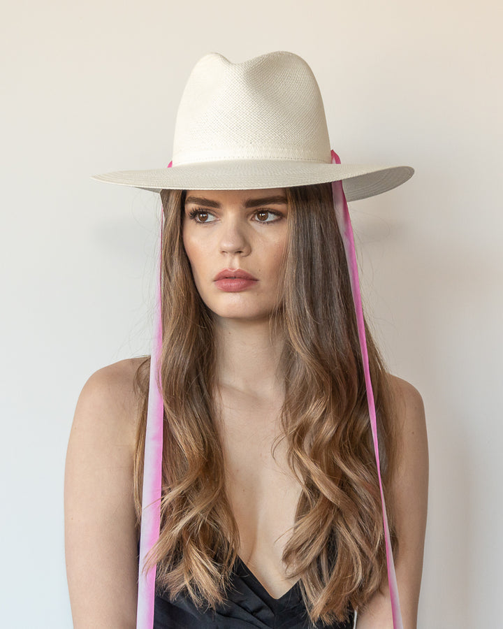 The Brynn - Khia Tullae Toquilla Straw Panama with Silk Ribbon Ties - Pink