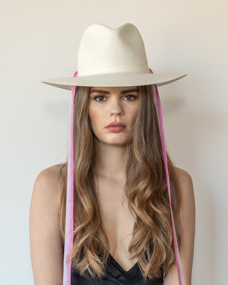 The Brynn - Khia Tullae Toquilla Straw Panama with Silk Ribbon Ties - Pink