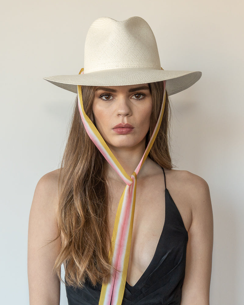 The Margaux - Khia Tullae Toquilla Straw Panama with Silk Ribbon Ties - Golden Caramel and Pastel Pink