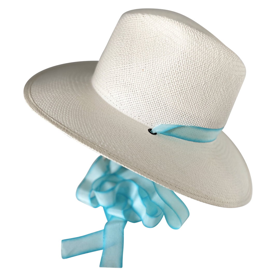 The Montana - Khia Tullae Toquilla Straw Panama with Silk Ribbon Ties - Pastel Blue Tie-Dye