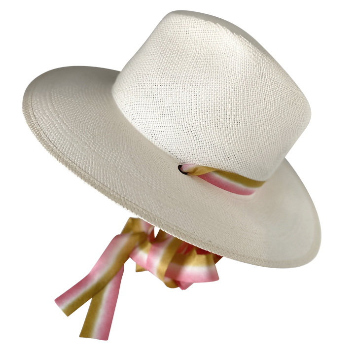 The Margaux - Khia Tullae Toquilla Straw Panama with Silk Ribbon Ties - Golden Caramel and Pastel Pink