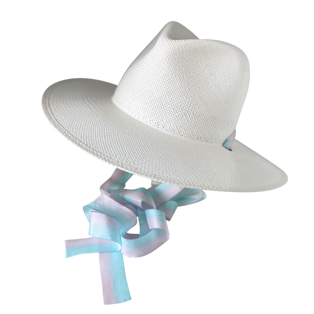 Khia Tullae Toquilla Straw Panama with Silk Ribbon Ties - Pastel Blue and Pink