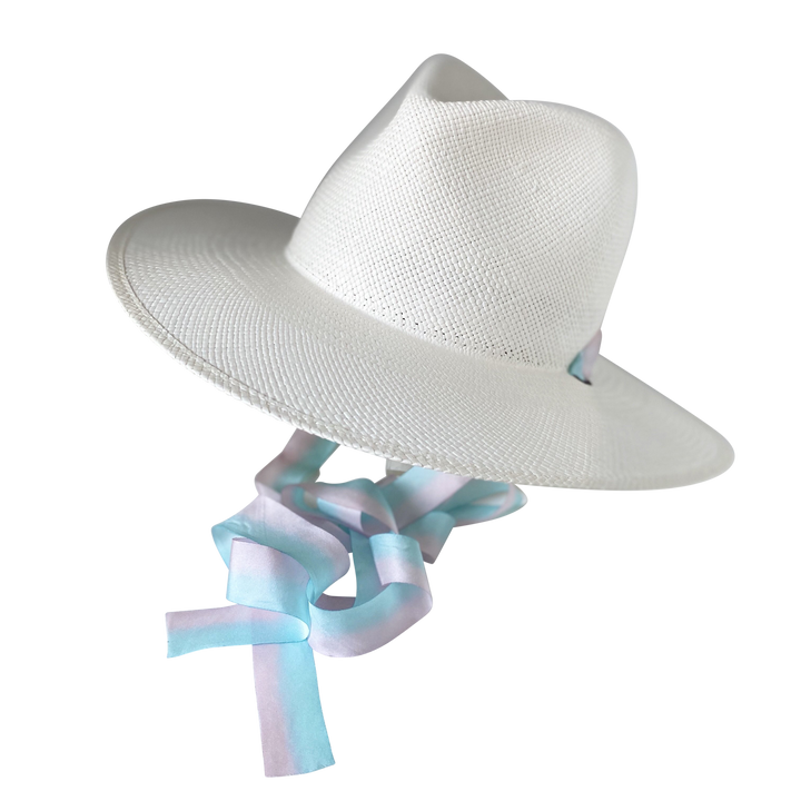 Khia Tullae Toquilla Straw Panama with Silk Ribbon Ties - Pastel Blue and Pink