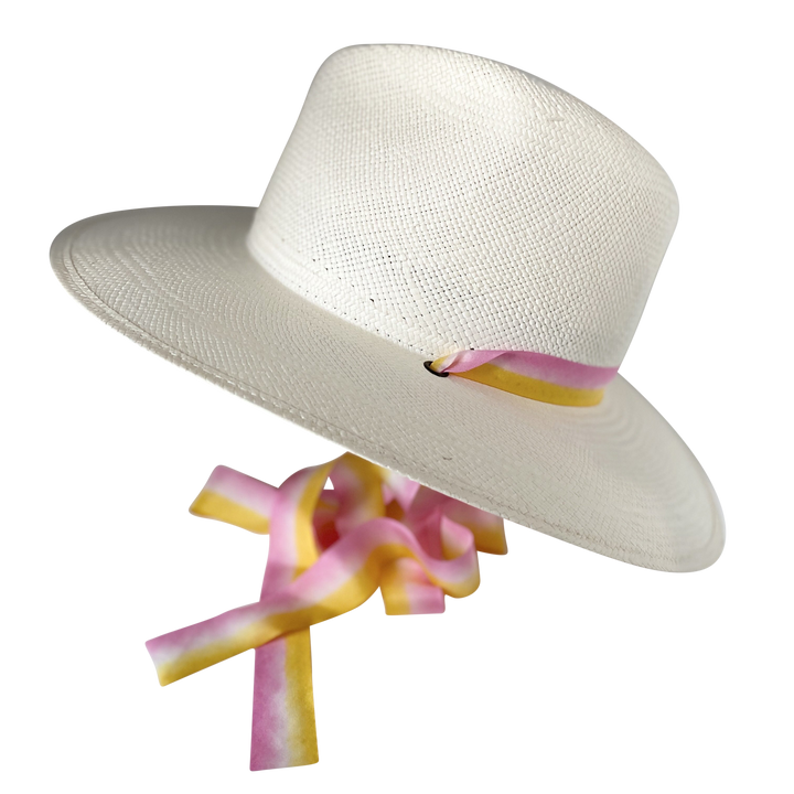 The Bailey - Khia Tullae Toquilla Straw Panama with Silk Ribbon Ties - Pastel Pink and Yellow