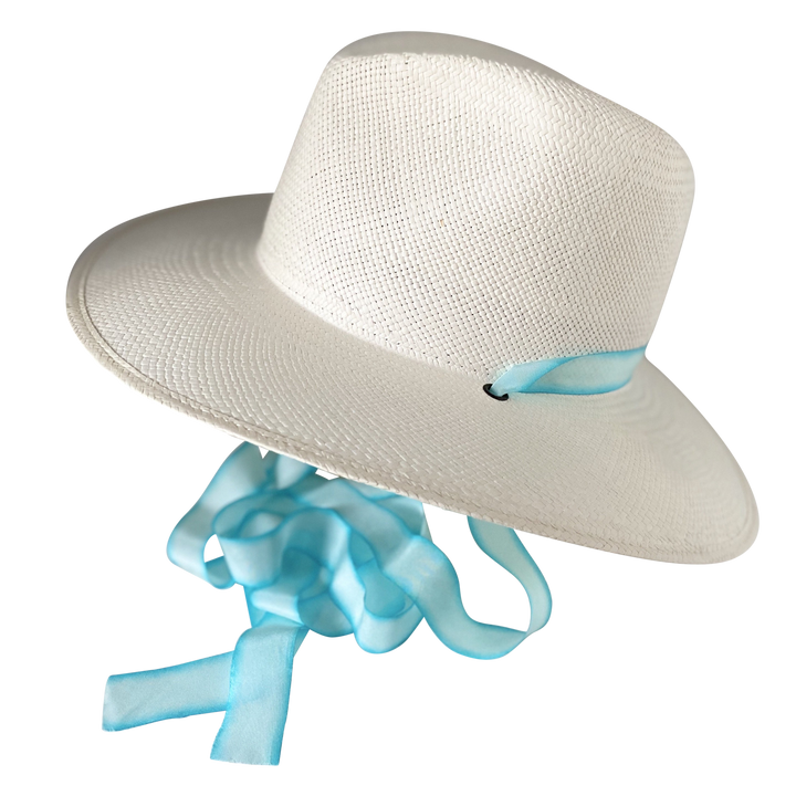 The Montana - Khia Tullae Toquilla Straw Panama with Silk Ribbon Ties - Pastel Blue Tie-Dye