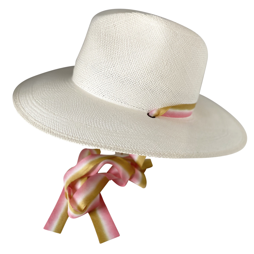 The Margaux - Khia Tullae Toquilla Straw Panama with Silk Ribbon Ties - Golden Caramel and Pastel Pink